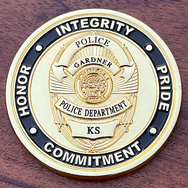 Polished gold challenge coin for Gardner, Kansas police department