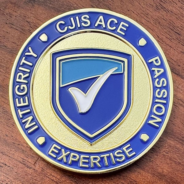 Polished gold challenge coin created for CJIS ACE program of Diverse Computing